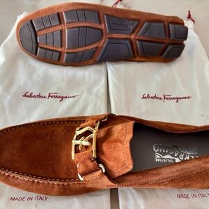 Salvatore Ferragamo Men's Tan Suede Loafers with Gold Buckle